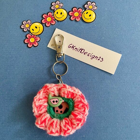 Keychain Charm, Crochet Easter Gift, Floral Keychain, Handmade Backpack Charm - Picture 1 of 8